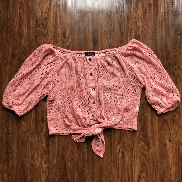 love J Tops - 🤩*LIKE NEW* Pink Sheer Lace Tie-Front Crop Top